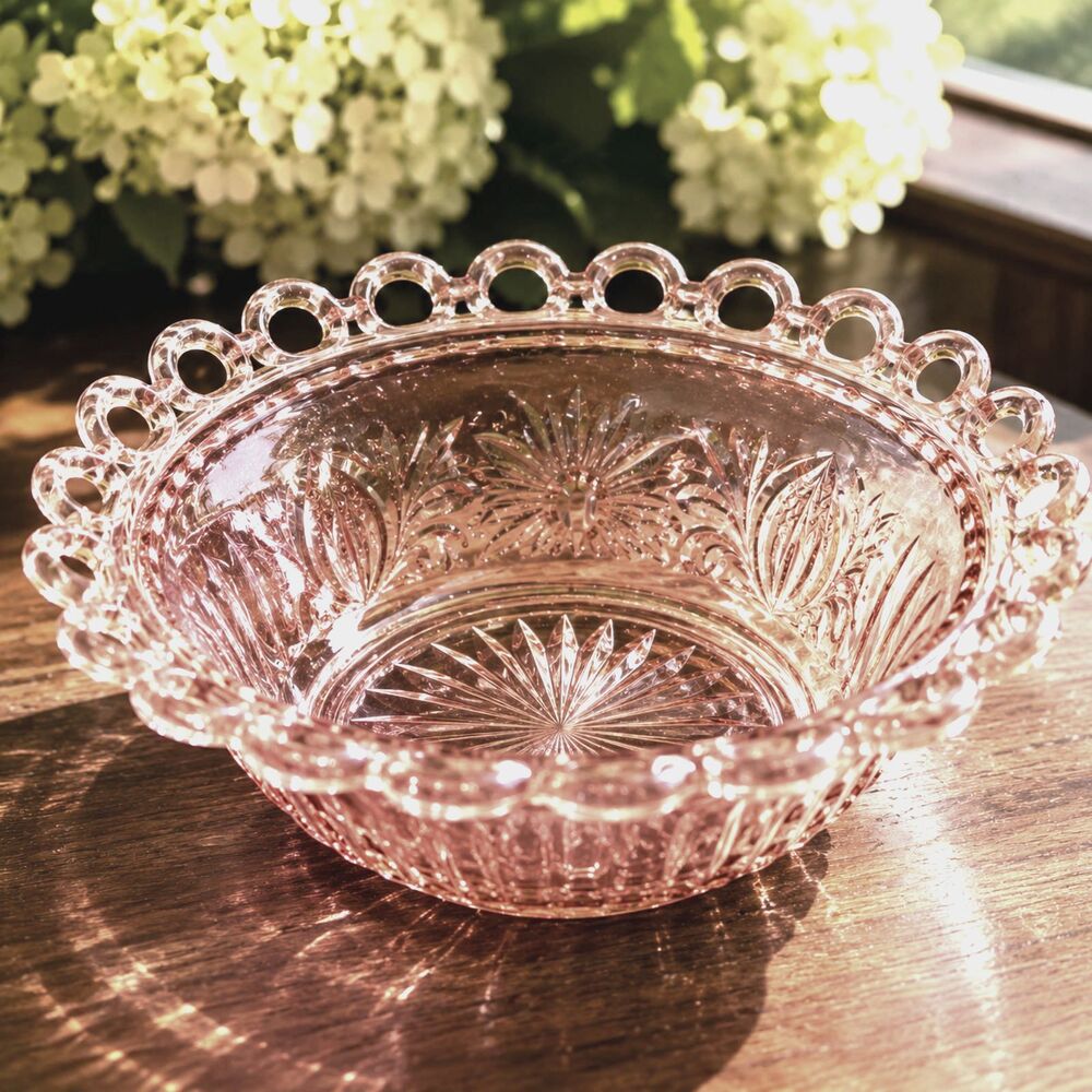 vintage cranberry (pink depression) glass reticulated edge serving bowl